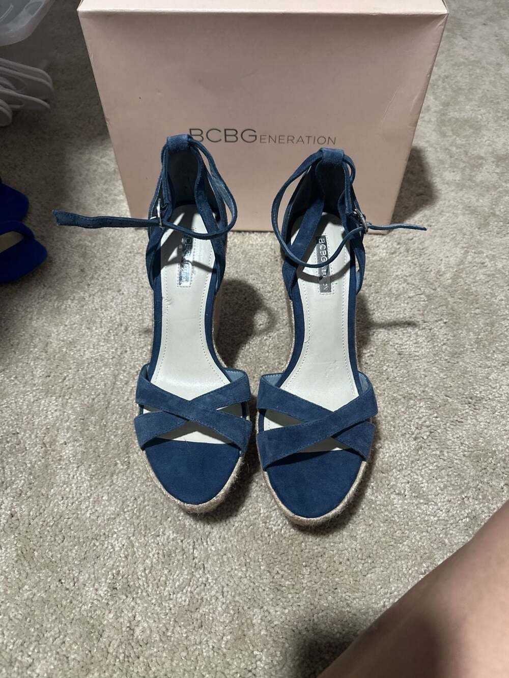 BCBGeneration Navy Blue Suede Ankle Strap Espadrille Wedge Sandals
